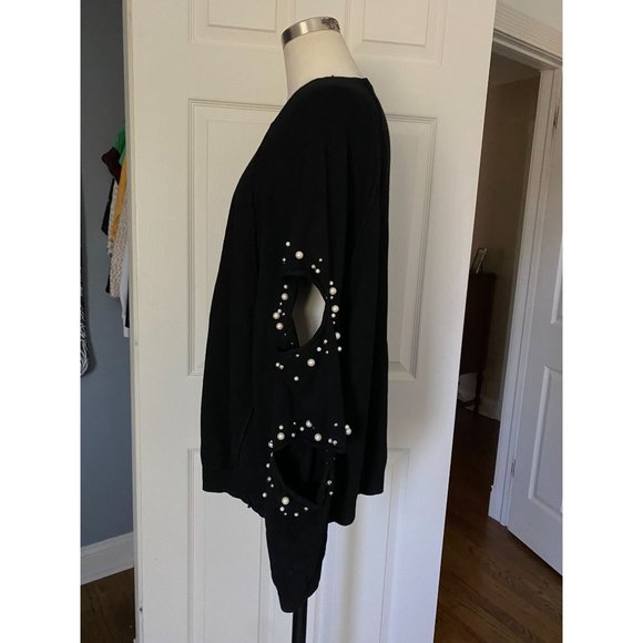 Zara Black Sweater with Cutouts and Pearls on Sleeve - Size Large - Picture 2 of 5